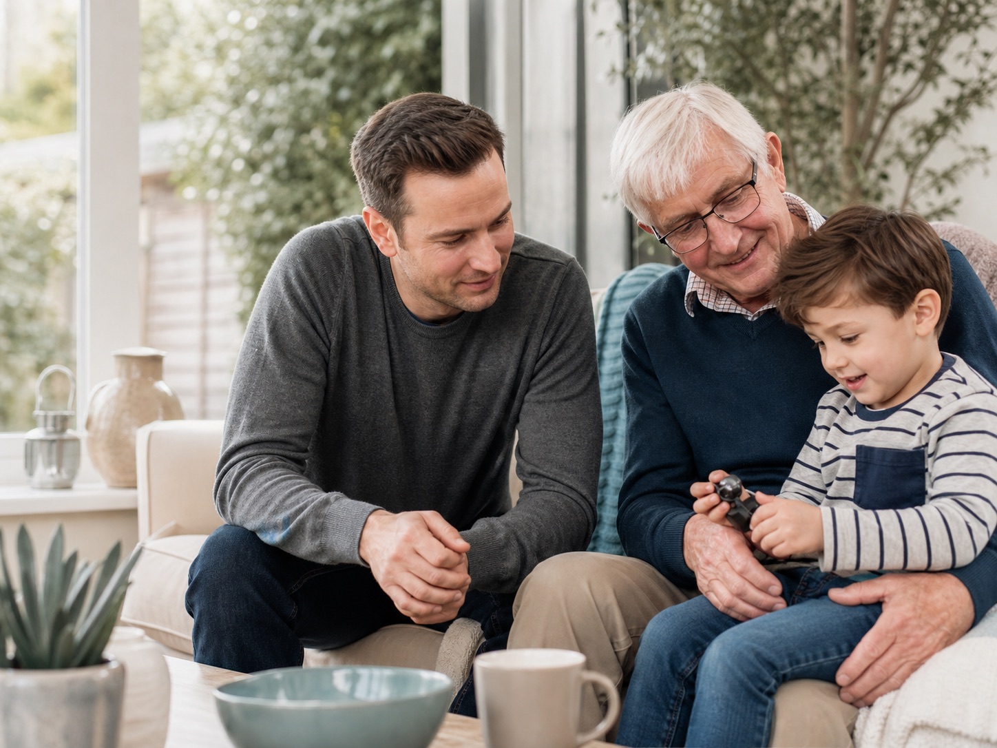 A relaxed family moment with an older parent, adult child and grandchild.